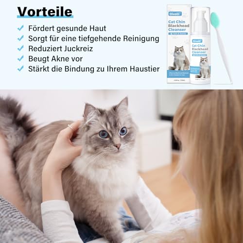 Oivolii Katzenakne Creme, 120 ml - Katzen-Akne-Kinnentferner, Sanfte Aknebehandlung, 2-in-1 Reinigungsgel & Bürste mit weicher Silikon-Schrubberbürste für