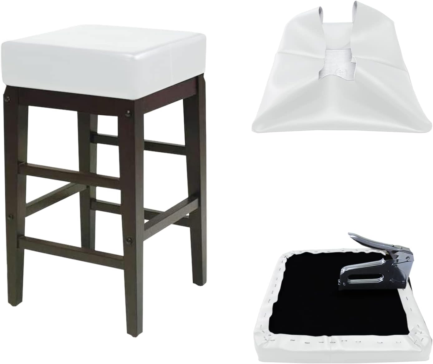 Bar Stool Covers Square Backless Heavy Duty Indoor/Outdoor Vinyl Only Replacement, Staple On Installation, Waterproof Stool Seat Covers - (14 x 14 inchs, White)