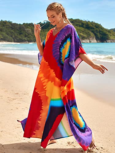 Image of sunforyou Kaftan Dresses for Women Plus Size Lightweight Swimsuit Cover up Batwing Sleeve Print Loungewear Beach Robe