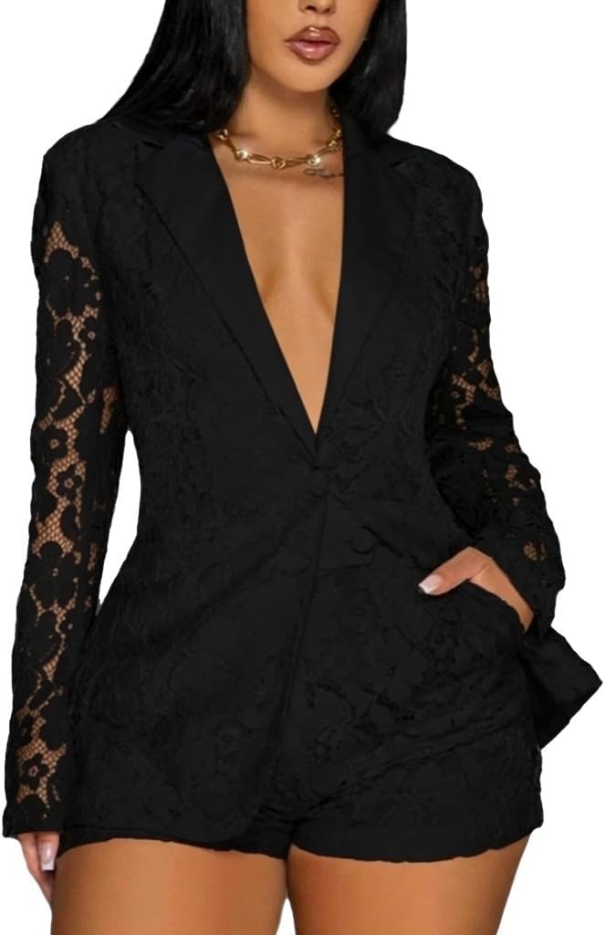 Wuitrie Shorts Sets Women 2 Piece Outfits Sexy Lace V Neck Button Blazer Bodycon Shorts Suits Business Casual Outfit White