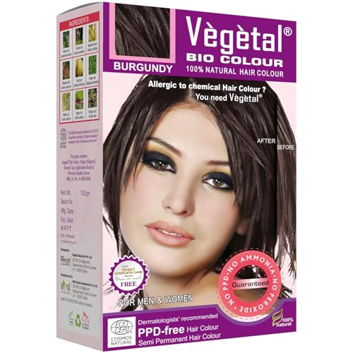 Vegetal Bio Colour Burgundy 150g, 100% Herbal and Organic Hair Color, Ammonia-Free, PPD-Free, Semi-Permanent Dye for Men and Women, Protects UV and Maintains Luster, Complete Kit Included