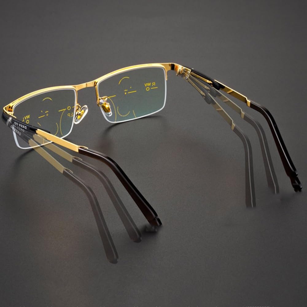 SFIVE Progressive Multifocus Lesebrille Metall Halber Rahmen Presbyopie Brille HD Lesebrille Anti-Blau Für Männer 1.0 1.5 2.0 2.5 (Color : Gold, Size : +3.0)
