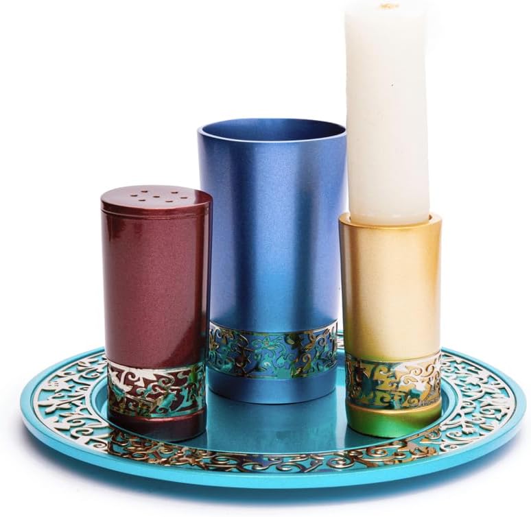 Yair Emanuel Havdalah Set – Multicolor Anodized Aluminum with Laser Cut Stainless Steel Filigree – Includes Kiddush Cup, Spice Box, Candle Holder and Plate – Modern Judaica Gift