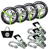 Premium Wheel Straps (4PK) - 10,000lb Guaranteed Max Break Strength - 2' Ratchet with G70 Chain Anchor Hook and 2' X8ft Lasso Strap, Perfect Car Tie Down Straps for Truck, Cars, UTV(Green)