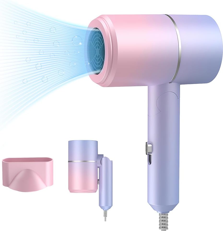 Lotvic Hair Dryer, Professional Hair Dryer, Foldable Small Travel Hairdryer, Blow Dryer with Heating and Cool Button, Fast Drying Ionic Hairdryer for Women, Men, Salon, Home (Gradient Purple)