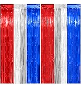PatiCool Tinsel Foil Fringe Curtain Backdrop - Thicken 2 Pack 3.2 x 8.2 FT - Red White and Blue S...