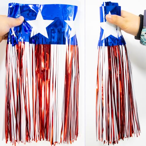Image of 4 Packs 10 Feet Long Foil Fringe 4th of July Star Garland Memorial Day USA Red White Blue Independence Day Tinsel Metallic Streamers Patriotic Banner Car Parade Floats Garden Trailer Decor