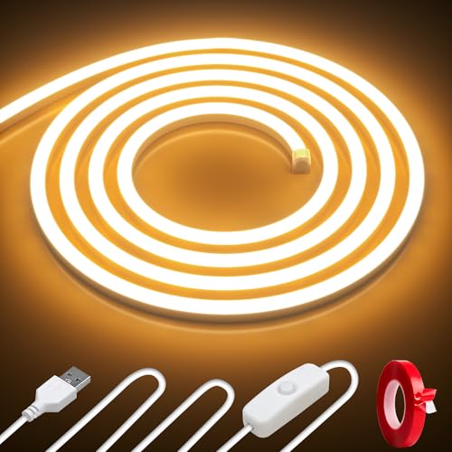 3m Warm White USB LED Neon Strip Lights，Cozylady Waterproof 3000K LED Rope Light 120LED/M, 1M USB Cable with Switch, Flexible Silicone Neon Strips for Mirror Wardrobe Kitchen DIY Home