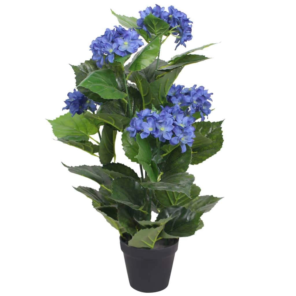 Ortensia artificiale con vaso, 60 cm, blu, pianta artificiale per soggiorno e ufficio, pianta decorativa da interni in poliestere, 51 foglie, 5 fiori, pianta in vaso facile da pulire