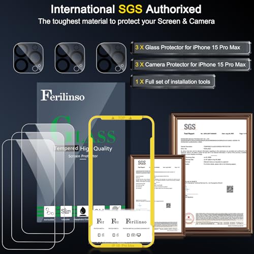 Image of Ferilinso 3 Pack Screen Protector for iPhone 15 Pro Max, Tempered Glass