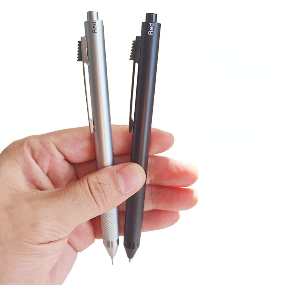 MROOFUL Bolígrafos de metal multicolor 4 en 1 de color plateado y negro, tinta roja, 1 lápiz automático, suministros de escritura para la escuela, oficina, artículos de papelería, regalos (plateado)