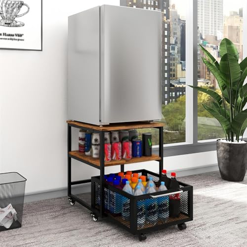 Fridge Stand with Storage, Mobile Fridge Table, Lockable Wheels Basket, Portable Refrigerator Trolley Cart for Home, Kitchen, and Office