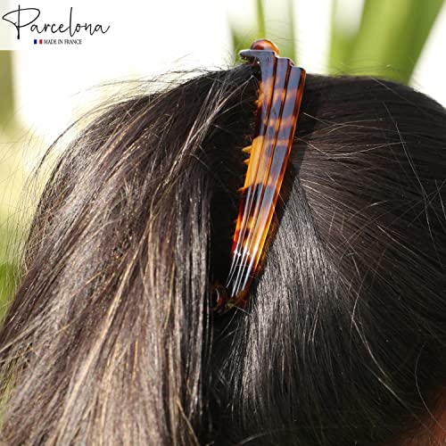 Parcelona French Broad Rectangle Light Brown Large 5" Celluloid Acetate Ponytail Interlocking No Slip Grip Fishtail Women Hair Accessories Hair Clip For Girls, Made In France (Savana Light Brown Shell) #TOP4