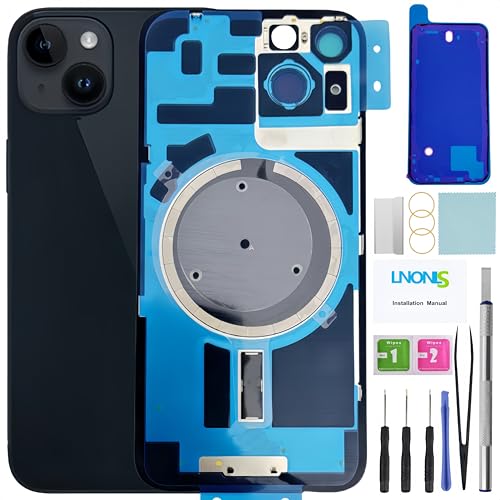 LNONLS 14 Back Glass Replacement for iPhone 14 Rear Back Cover Glass with Waterproof Frame and Camera Lens+Professional Repair Tool Kit (Midnight)
