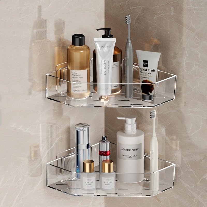 MAKIOTEKO 2 Pack Acrylic Corner Shower Caddy Adhesive Shower Organizer Bathroom Organizer Shelves Bath Toy Holder Storage for