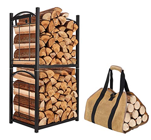 TQVAI 2 Tier Indoor Firewood Rack Outdoor Log Storage with Fire Tools Hanging Hooks and Waxed Canvas Fire Wood Carrier Bag Stacking Fireside Lumber Holder, Black - Thumbnail 2