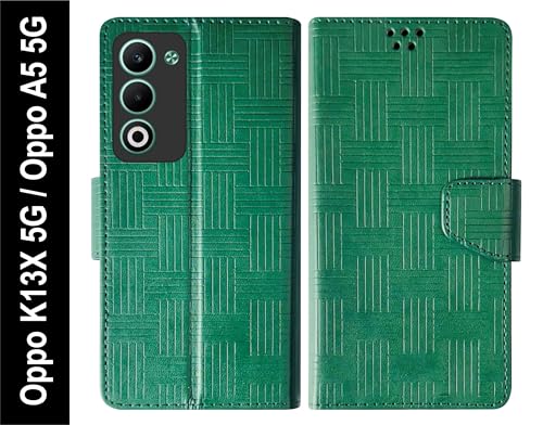 Image of SBMS Flip Cover for Oppo K13x 5G / Oppo A5 5G 6.67 inch Back Cover Case with Magnatic Closure | Inbuilt Stand | Card & Money Pocket (Mat Green)