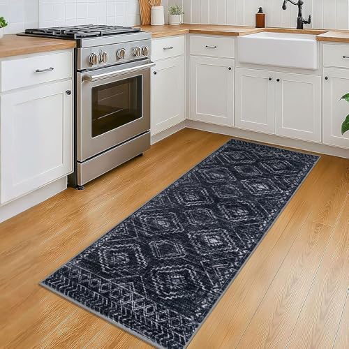 KILOCOCO Boho Kitchen Runner Rug 2x5 Washable Runner Rug, Soft Runners for Hallways Non Slip Printed Distressed Laundry Room Rug, Low-Pile Rug for Entryway/Bedroom/Living Room, Black