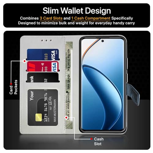 Image of Flipped Vegan Leather Flip Case Back Cover for Realme 12 Pro 5G | Realme 12 Pro Plus 5G (Flexible, Shock Proof | Hand Stitched Finish | Card Pockets Wallet & Stand | Irish Blue with Tanned Oak)