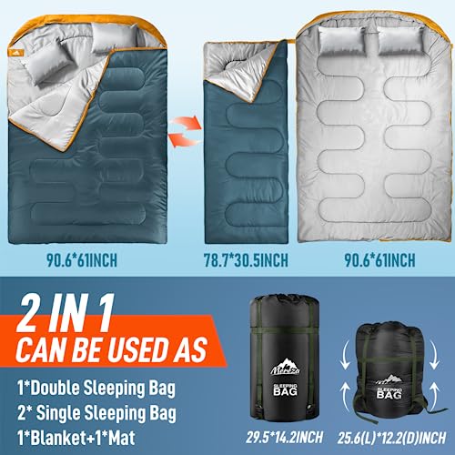 Image of MEREZA Double Sleeping Bag for Adults Mens with Pillow, XL Queen Size Two Person Sleeping Bag for All Season Camping Hiking Backpacking 2 Person Sleeping Bags for Cold Weather & Warm