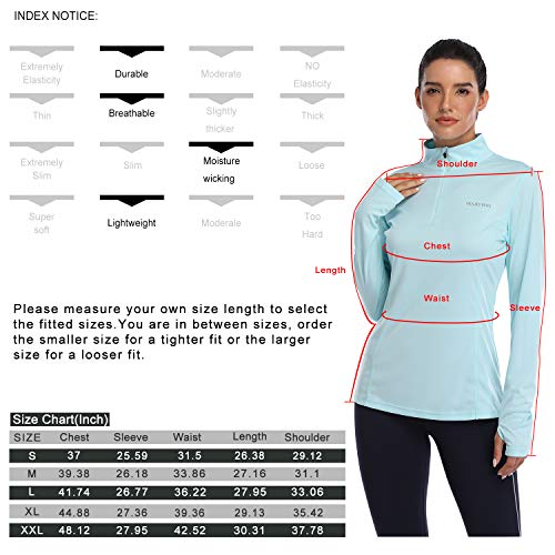 HISKYWIN Womens UPF 50+ Sun Protection Tops Long Sleeve Half-Zip Thumb Hole Outdoor Performance Workout Shirt HF806 Light Green M
