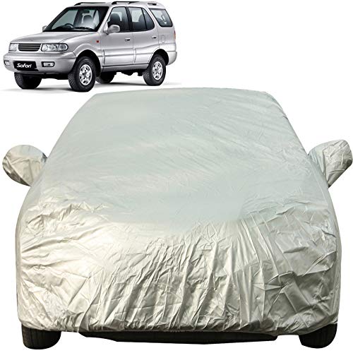 Image of Autofact Waterproof Car Body Cover with Mirror Pockets Compatible for Tata Safari (Triple Stitched, Bottom Fully Elastic, Light Grey 2 X 2 Matty)