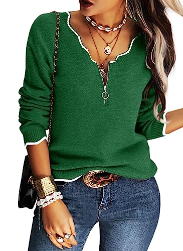 Image of Hongqizo Women's V Neck Long Sleeve Sweater Half Zipper Knit Sweater Casual Cricket Stripe Jumper Pullover Knit Tops