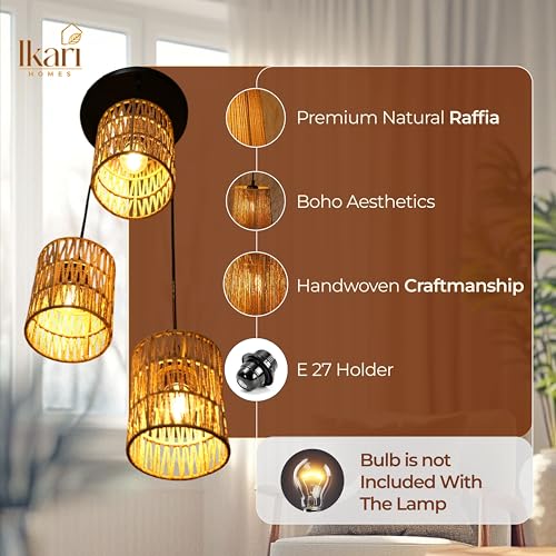 Image of Ikari Homes Rattan Chandelier 3 in1 Pendant Light, Natural Beige, Boho Style, E27 Base, Chandelier for living Room I Dining I Bedroom I Balcony I Adjustable Wire - (Bulbs not included) (Zig Zag Plain)
