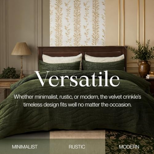 Image of DOWN HOME Crinkle Textured Velvet Quilt Set with Shams, All-Season Luxury Modern Bedding,Easy Care Comforter,Ultra-Soft,Lightweight & Breathable, Cali King, Courtyard Green