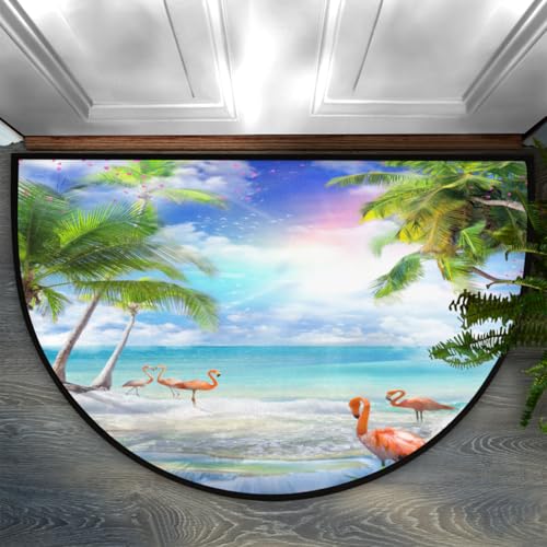 Image of Half Round Doormat Summer Flamingo Flower Non Slip Half Circle Area Rugs Indoor Washable Half Moon Rug Semi Circle Bathroom Runner Mat Entrance Floor Carpet for Kithen Bedroom Fireplace Decor