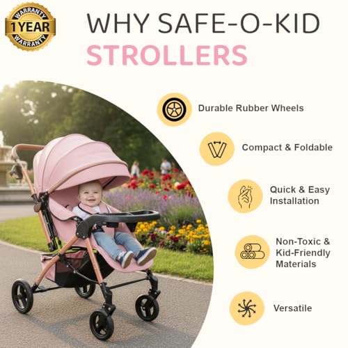 Image of Safe-O-Kid Breez Baby Rubber Wheel Stroller /Pram with 1 Year Warranty (Model - 2024) for New Born /Toddler /Kid for 0 to 3 Years Travel Friendly, 5 Point Safety Harness - Pink