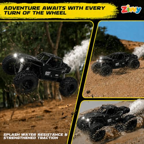 Image of Big Black Remote Control Car | Rock Crawler | LED Headlight | Rechargeable Battery with Type c Charger | 100m Range | Smoke | Toy Car for Kids & Boys 7-14 Years | Birthday Gift for Kids