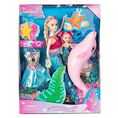 Mermaid Princess Doll Playset, Color Changing Mermaid Tail by Reversing Squins, 12" Fashion Dress Doll with 3" Little Mermaid Dolphin and Accessories, Mermaid Gift for Girls