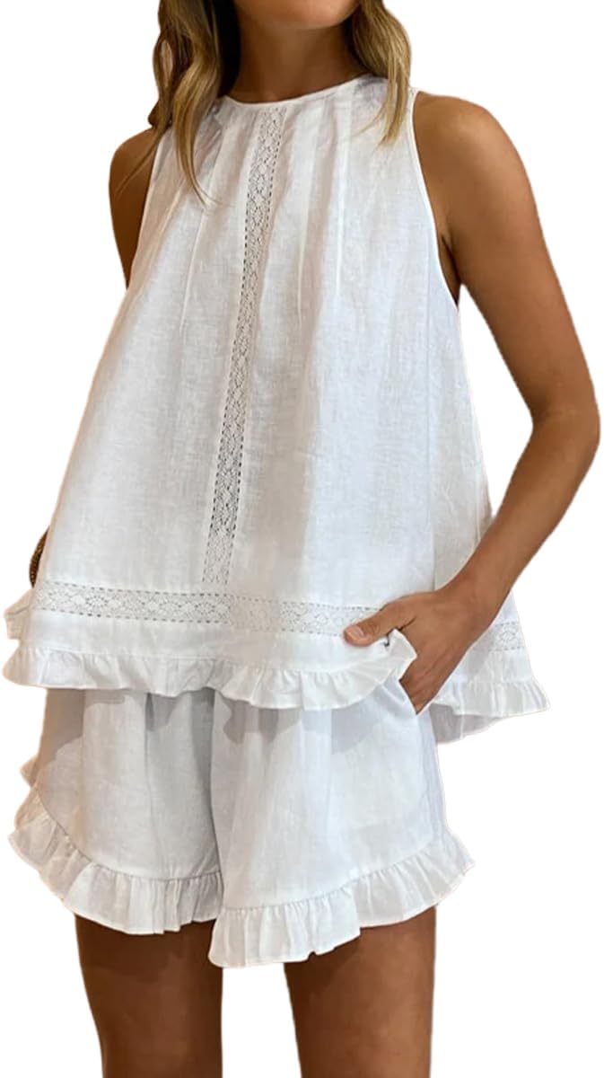 Womens Ruffle Short Set 2 Piece Outfits Fashion Summer Sleeveless Lace Trim Top and Shorts Cotton Pajama Sets