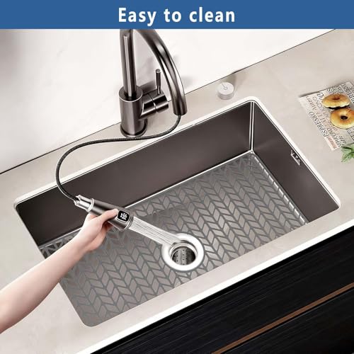 Image of AWOKE Large Silicone Sink Protectors for Kitchen Sink, 30 inch x 16 inch Center Drain Hole, Sink Mat for Bottom of Farmhouse Kitchen Stainless Steel Sinks, Raised Feet /Heat Resistant /Non-slip (Gray)