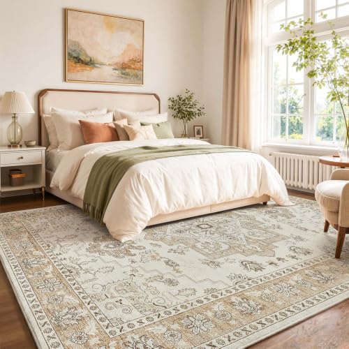 TOPICK Vintage Kurzflor waschbar faltbar Teppich Wohnzimmer 240x340 Beige – Ansicht 1