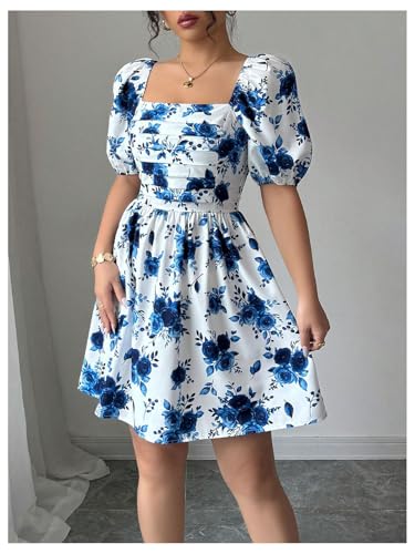 Image of Floerns Women's Floral Dress Puff Sleeve Dress Square Neck Summer Vacation Picnic Mini Dresses