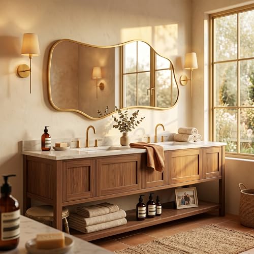 Image of Bathroom Mirrors for Over Sink-Horizontal or Vertical Hanging 47.2 inchx21.6 inch Gold Asymmetrical Wavy Aluminum Frame Decorative Full Body Mirror for Living Room,Bedroom,Cloakroom,Entryway