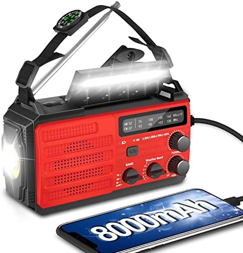 8000mAh Emergency Weather Radio, AM FM NOAA Weather Alert Radio Battery Powered, Portable Solar Hand Crank Radio Flashlight Cell Phone Charger, Compass for Camping Outdoor Emergency, SOS Alarm