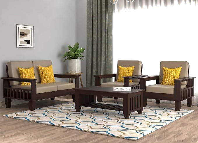 Image of Sheesham Wooden 4 Seater Sofa for Living Room | Rosewood 4 Seater Cushion Sofa with Side Newspaper Holder for Home & Office | Solid Wood Sofa Set for Lounge (Walnut,2+1+1 Seater)