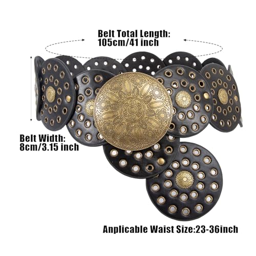 NUMJAW Disc Western Belts for Woman Cowgirl,Circle Boho Belts For Women,Faux Leather Conch Waist Chunky Belt,Black Cowboy Metal Buckle Western Style Wide Country Belt for Dress Jeans2