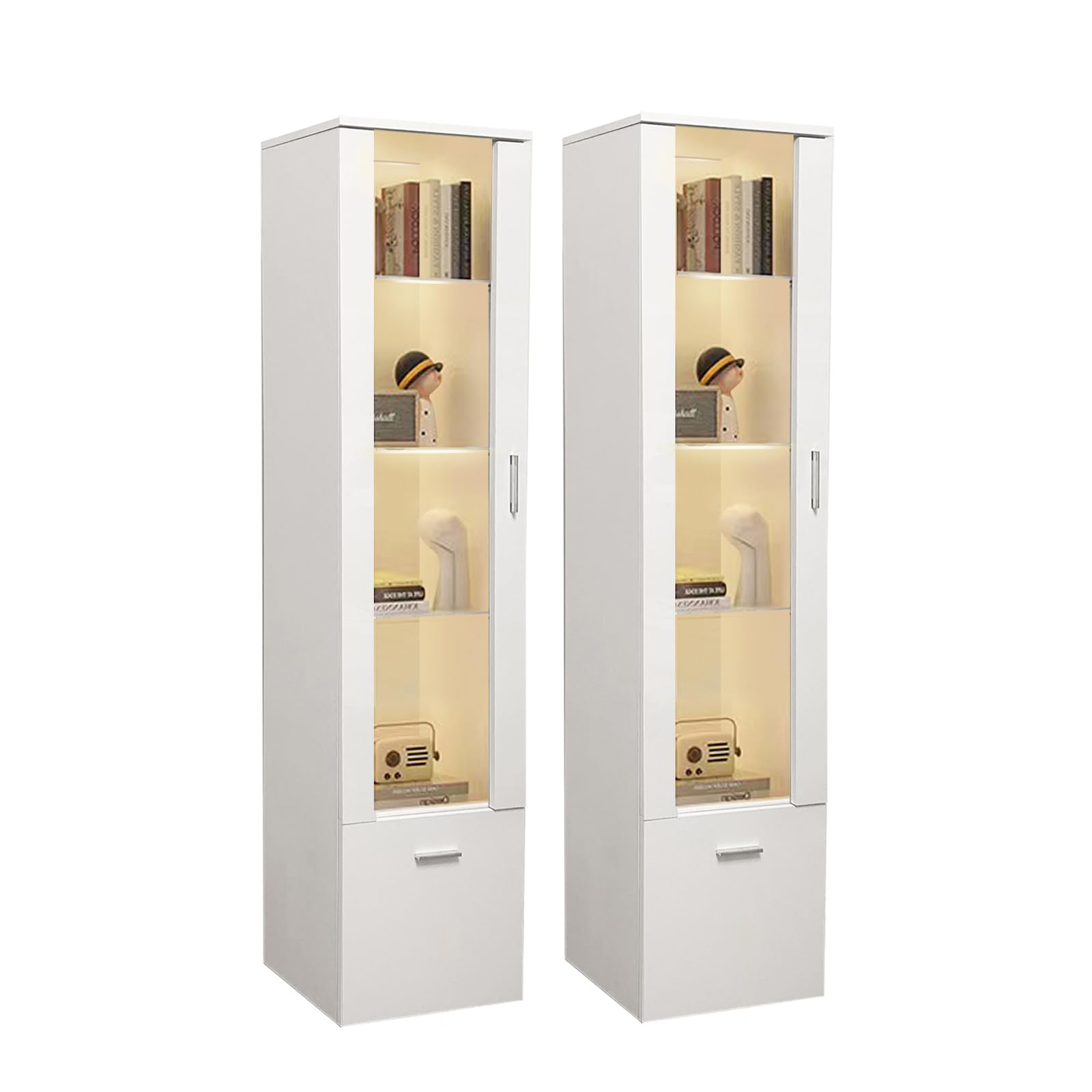 Set di 2 vetrine LED con porta e ripiani in vetro, illuminazione per soggiorno, ufficio, 42 x 30 x 160 cm (bianco)