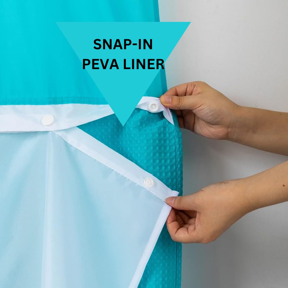 WPM - Cortina de Ducha con Forro a presión, diseño de Punto gofre, Estilo de Calidad hotelera, Impermeable y Lavable, Ventana Superior de Malla, fácil de Poner (72 x 74 Pulgadas con Forro, Verde