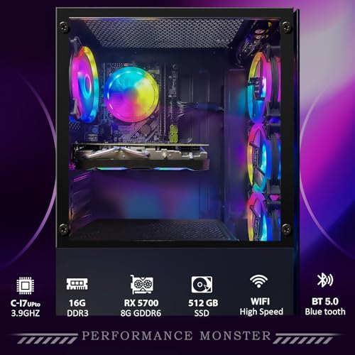 STGAubron Gaming PC Computer Desktop, Radeon RX 5700 8G, Intel Core i7 up to 3.9G, 16G RAM, 512G SSD, 600M WiFi, BT 5.0, RGB Fan x4, Windows 10 Home