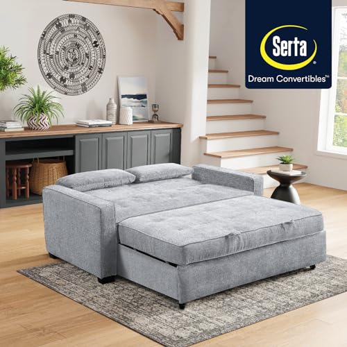 Image of Serta Ainsley 72.6 inch Convertible Sleeper Sofa, Queen Size, Dreamcoil Comfort, Soft Woven Fabric, Light Grey