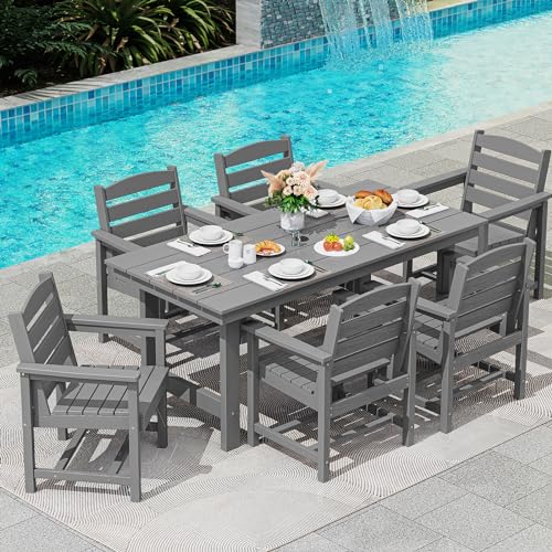 Image of SERWALL 7 Pcs Outdoor Dining Set, 1 Umbrella Hole Table & 6 Chairs, Gray | HDPE Outdoor Dining Furniture with Rectangular Table & 6 Chairs, All-Weather Resistant SERWALL Dining Set for 6