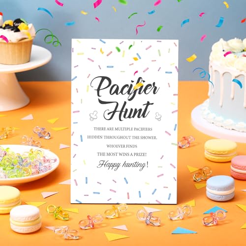 Image of Thyle 51 Pcs Confetti Sprinkle Baby Shower Games It's a Baby Sprinkle Party Decoration Pacifier Hunt Sign and 50 Acrylic Pacifiers Rainbow Confetti Sweet Donut Gender Reveal Party Decor