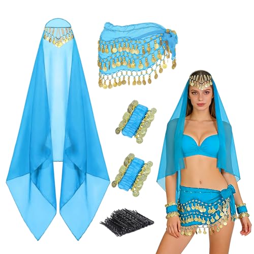 HPGFIJKM 4 Pcs Belly Dancer Outfit Sets, Head Scarf,Belly Dance Hip Scarf, 2 Coin Wrist Bracelets, 8 Bobby Pins (Lake Blue)