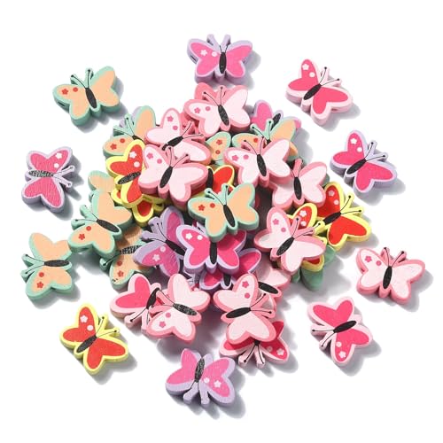 UR URLIFEHALL 150 Pcs Wooden Butterfly Beads Colourful Printed Animal Insect Beads for Jewellery Making Home Decoration DIY Crafts