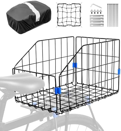 ANZOME Folding Rear Bike Basket with Bicycle Basket Liner and Adjustable Cargo Net, Waterproof Metal Bike Basket for Most Rear Mounted Bike Rack, Large Space Folding Bike Basket Rear